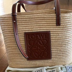 LOEWE + Paula's Ibiza small leather-trimmed woven raffia tote